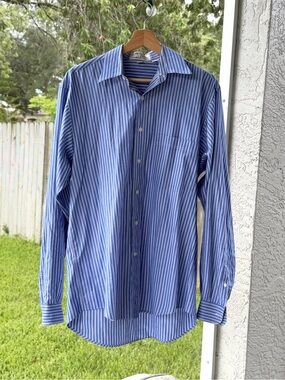 Vintage Valentino Uomo Blue White Striped Dress Shirt 100% Cotton 15 34/35